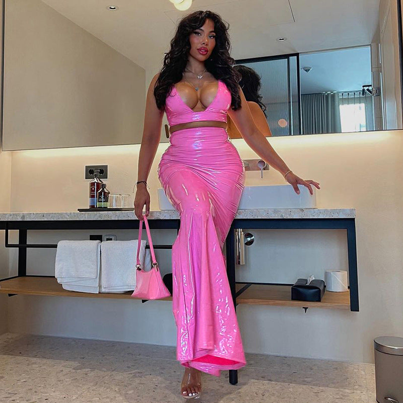 maxi latex dress Women's Body Con Rubber-like V-Neck Maxi Dress