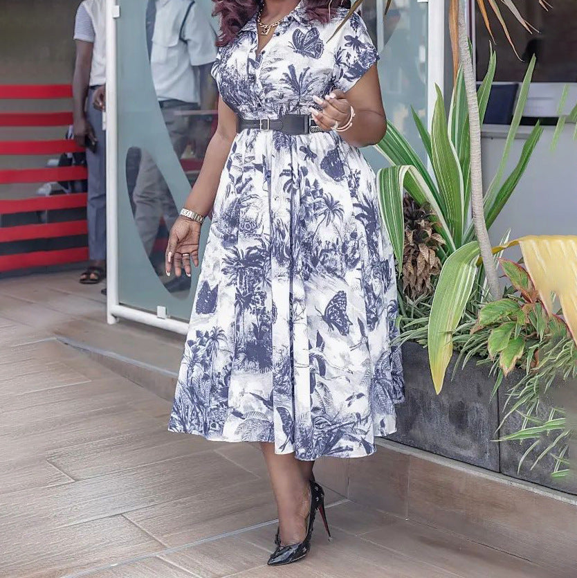 Women's Botanical Patterned A-Line Dress with Collar and Short Sleeves, Green / 2X