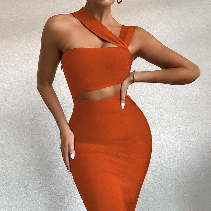 Women's Cold Shoulder Halter Dress with Midriff Cutout