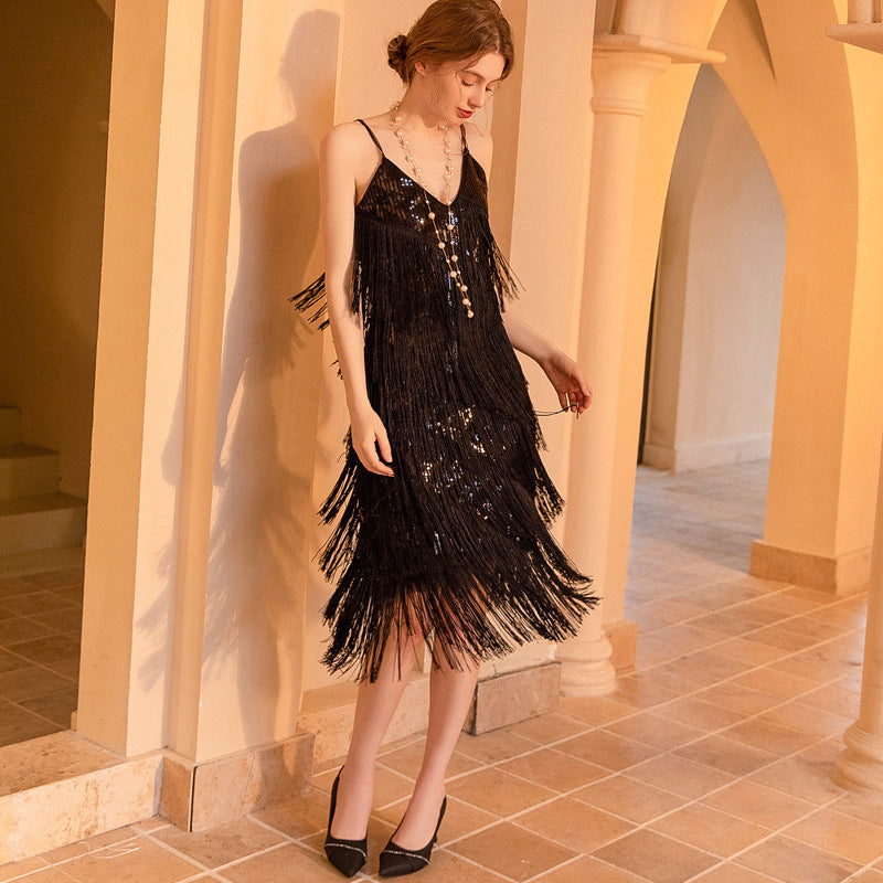 modern flapper dress BABEYOND Vintage Fringe Dress, 1920s Dresses, Moss Haze black sequin and bead detail around the entire dress and thick tassels that hang at knee length Flapper Style Dress Modern Flapper