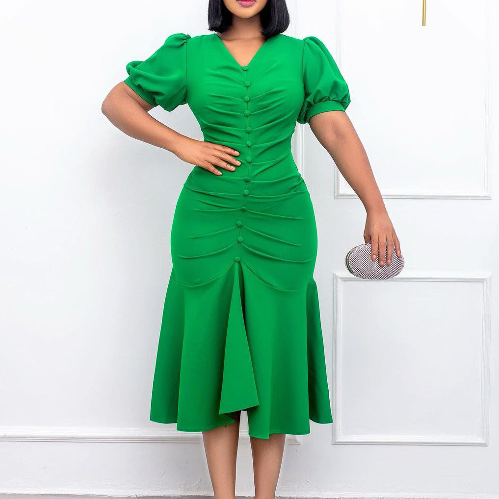 Women's Form Fitting Button Down Front Midi Dress with Puff Sleeves, Green / 3X