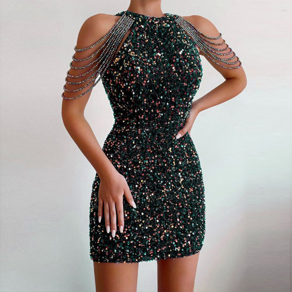 Women's Jewel Sleeved Sequined Mini Dress