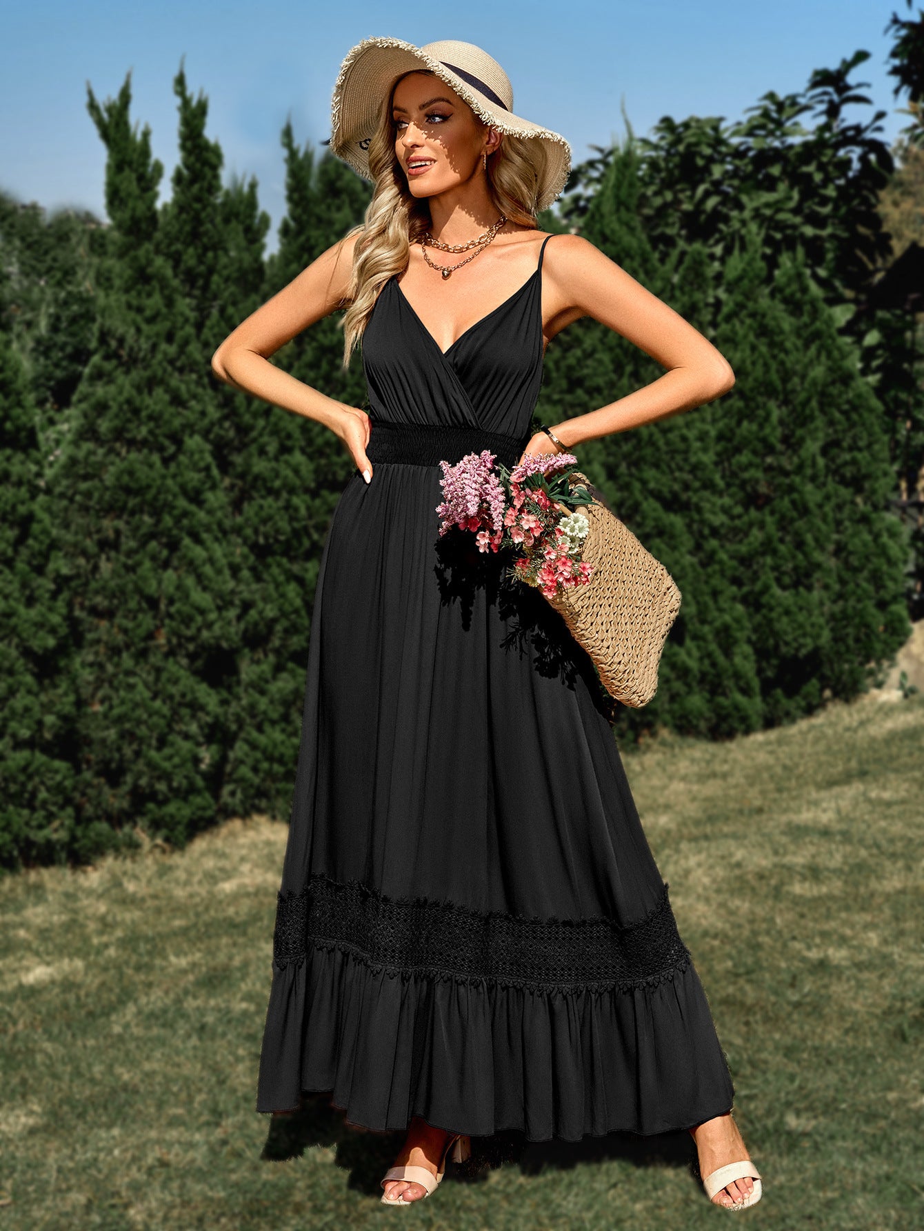 Women's Sleeveless Boho Chic Maxi Dress with Ruffled Hem