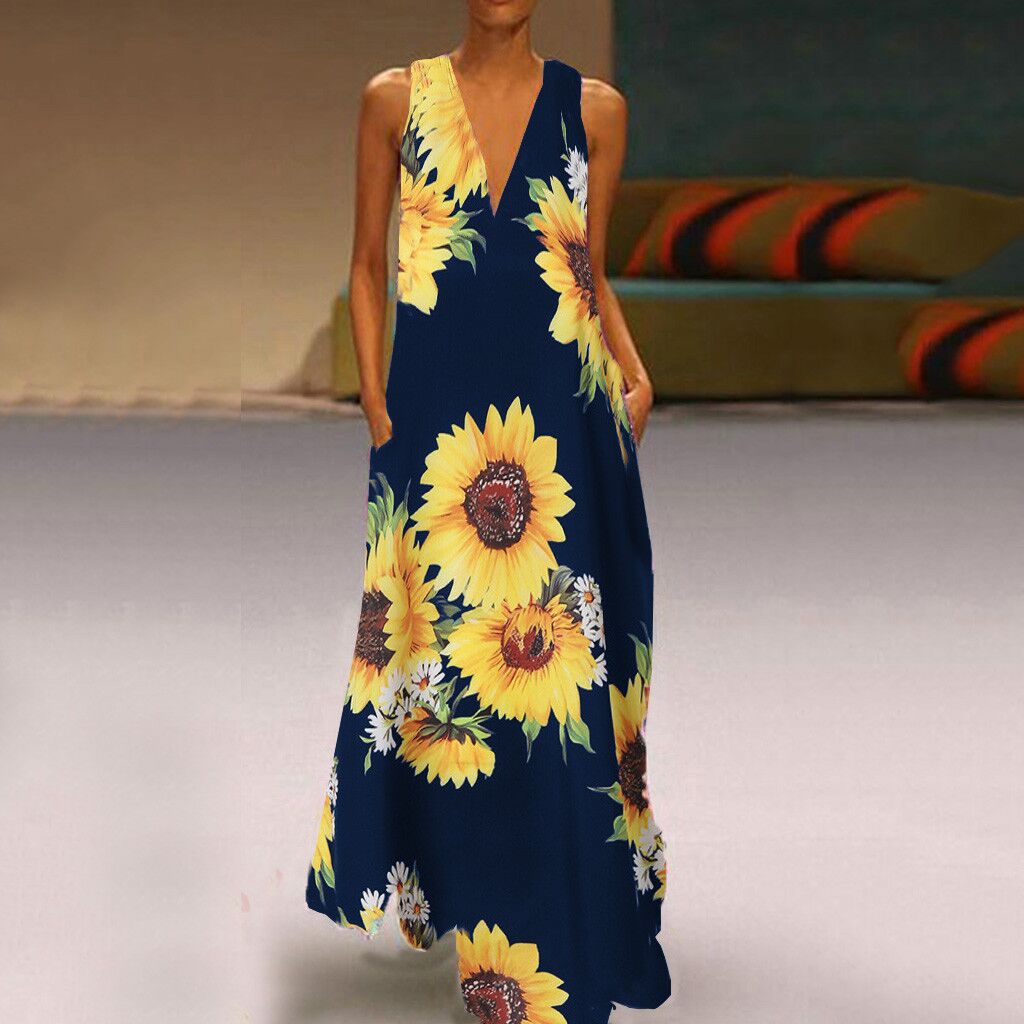 maxi dress with sunflowers Women's Sleeveless Sunflower Print Maxi Dress