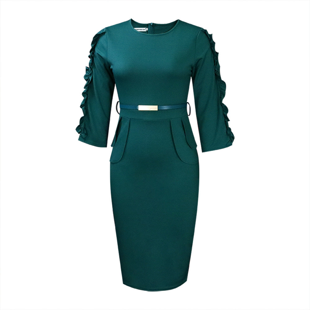 slim fit dress slacks Women's Three Quarter Length Frilly Sleeved Midi Dress