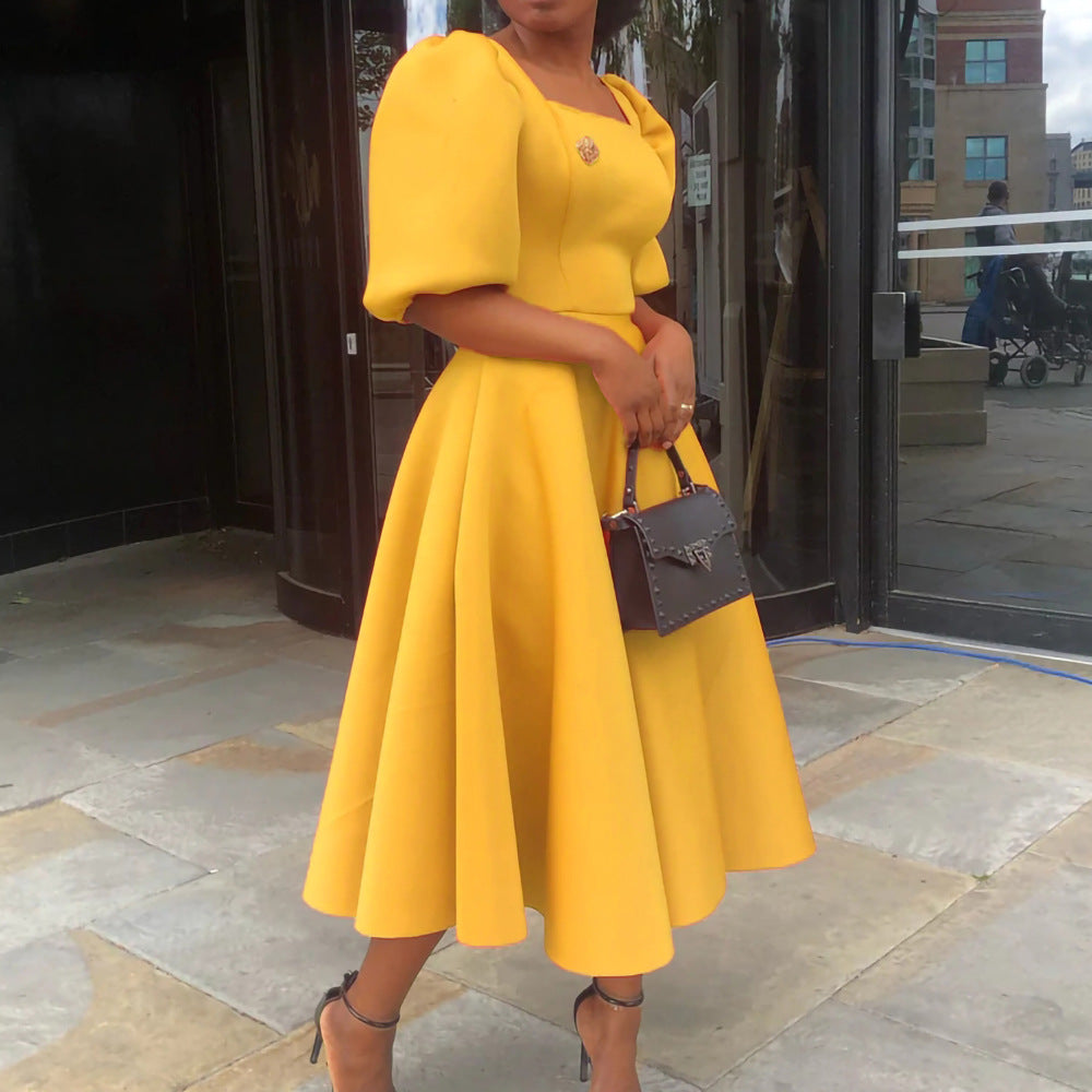 yellow midi dress short sleeve Luexco A-Line Midi Puff Sleeve Dress M / Orange