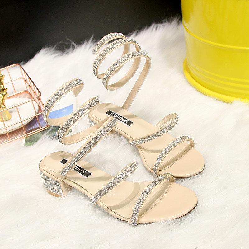 Wraparound Rhinestone Strap Sandals-Beige-Theone Apparel
