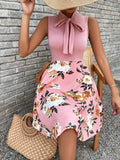 A-Line Sleeveless Floral Dress with Bow Collar - THEONE APPAREL
