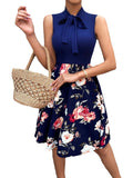 A-Line Sleeveless Floral Dress with Bow Collar - THEONE APPAREL