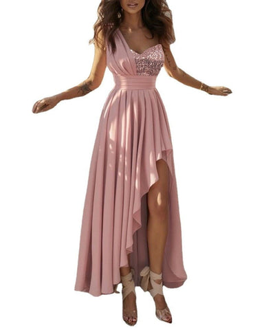 Baby Pink Asymmetrical Dress with Glittery Bodice - THEONE APPAREL