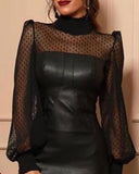 Black Faux Leather and Sheer Polka Dot Long Sleeved Dress - THEONE APPAREL