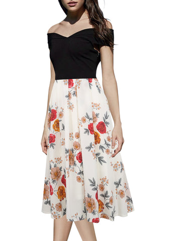 Black Floral Contrast Off-Shoulder Dress - THEONE APPAREL