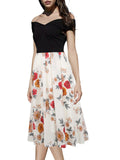 Black Floral Contrast Off-Shoulder Dress - THEONE APPAREL