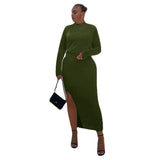 Body Con Long Sleeve Maxi Dress with Thigh Slit - THEONE APPAREL