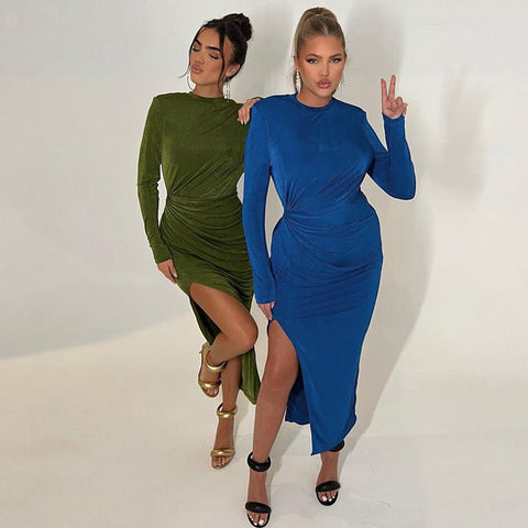 Body Con Long Sleeve Maxi Dress with Thigh Slit - THEONE APPAREL