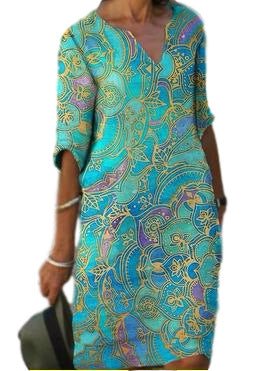 Casual Colorful paisley Inspired Three Quarter Length Sleeve Dress with V-Neck - THEONE APPAREL
